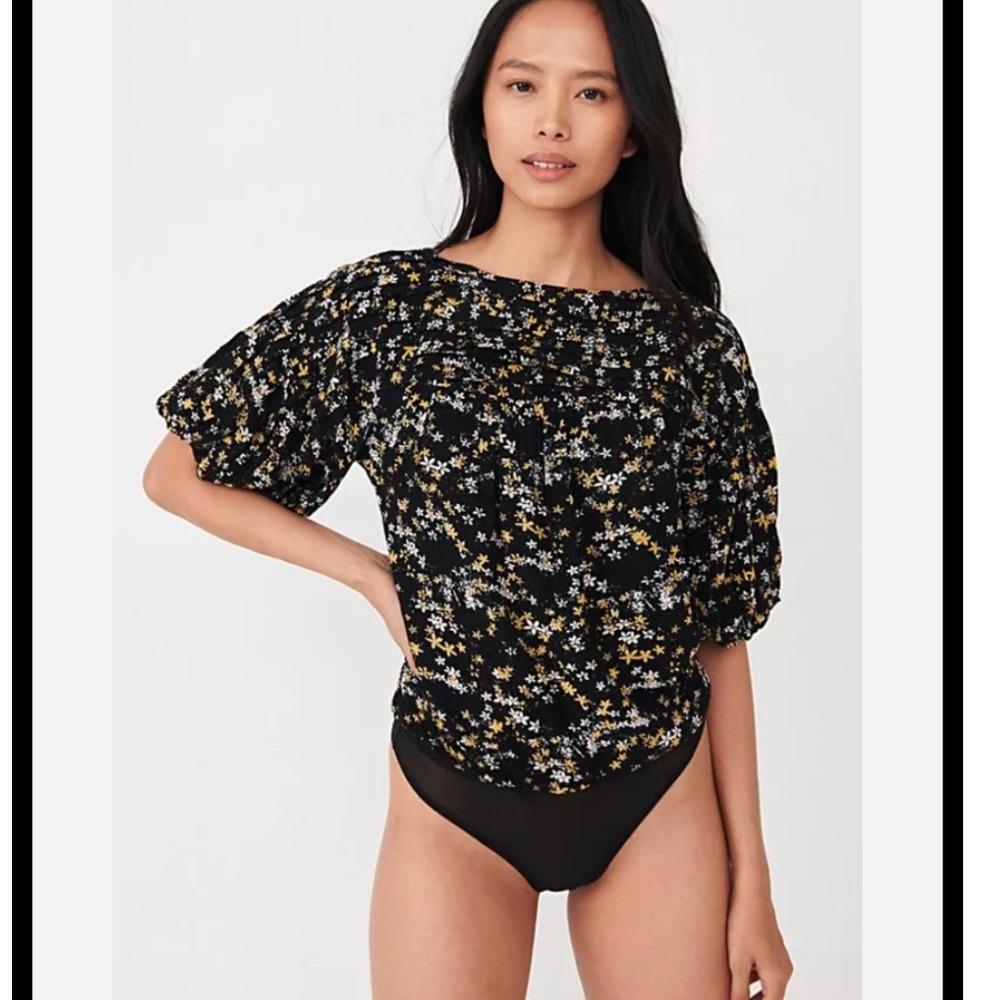 Free People Intimately Floral Puff Sleeve Bodice Bodysuit Black Yellow Medium